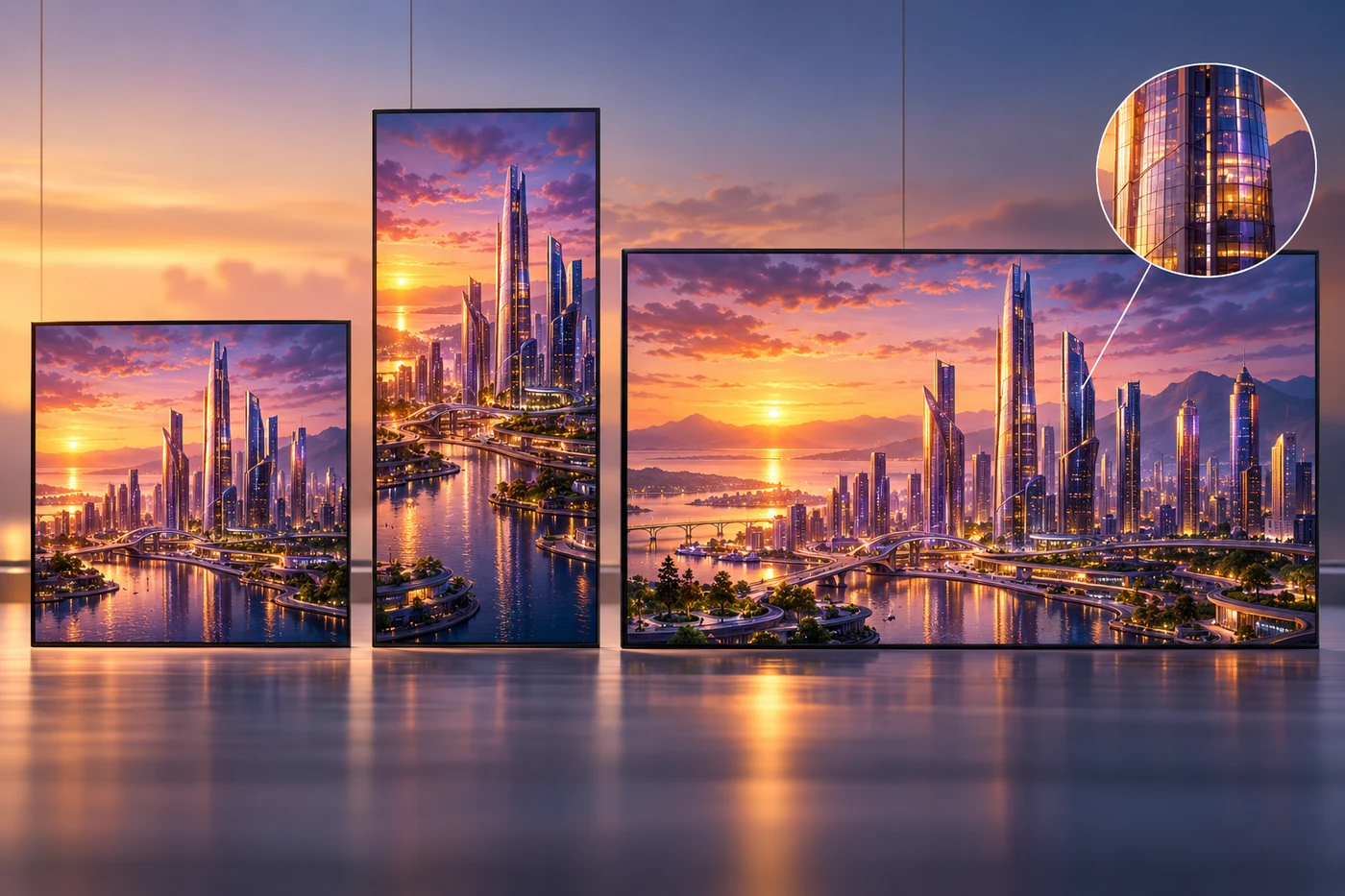 The same AI-generated city shown in square, portrait, and landscape formats with a high-resolution detail crop