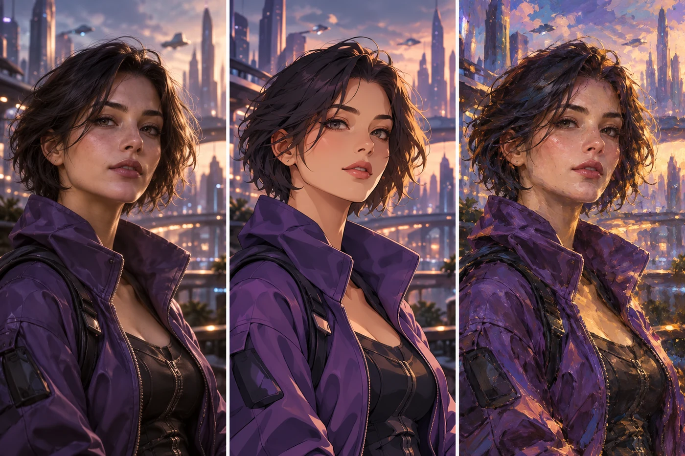 The same AI character shown in photorealistic, anime, and painterly styles