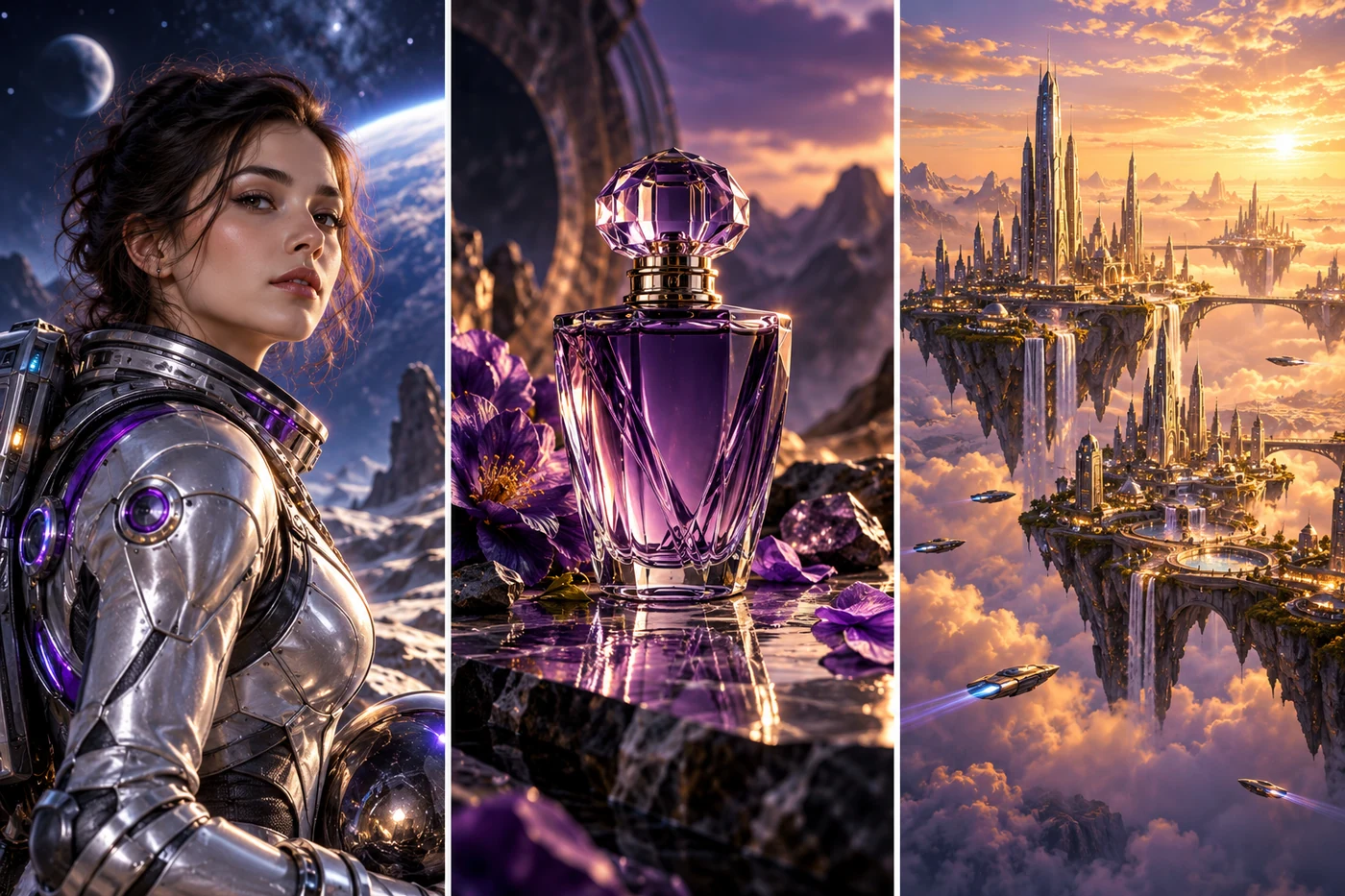 AI-generated space explorer, perfume product concept, and floating city created from text prompts