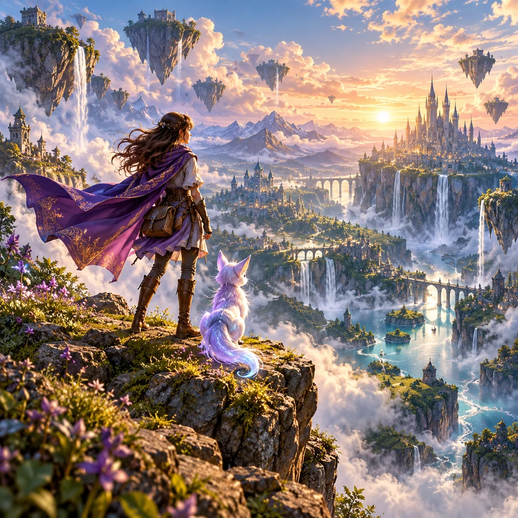 AI-generated fantasy adventurer overlooking a world of floating islands