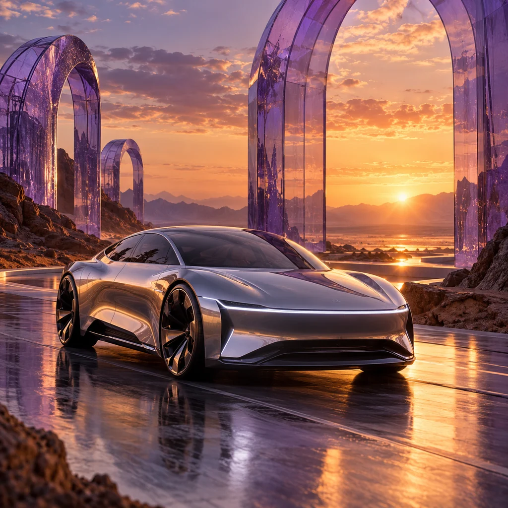 AI-generated futuristic vehicle advertising concept at sunset