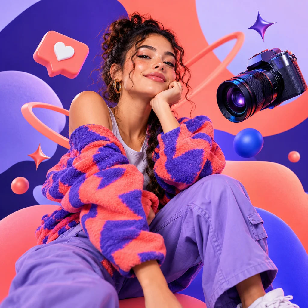 AI-generated creator portrait with colorful social media inspired graphics