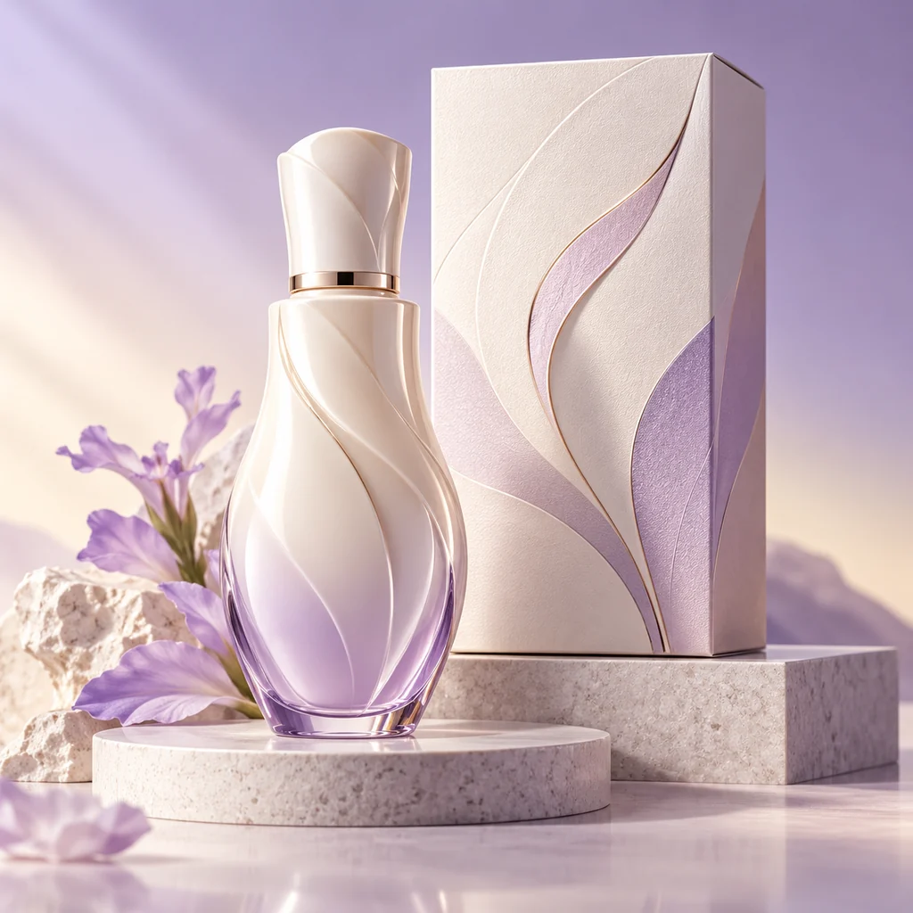 AI-generated lavender product packaging concept in a premium studio setting